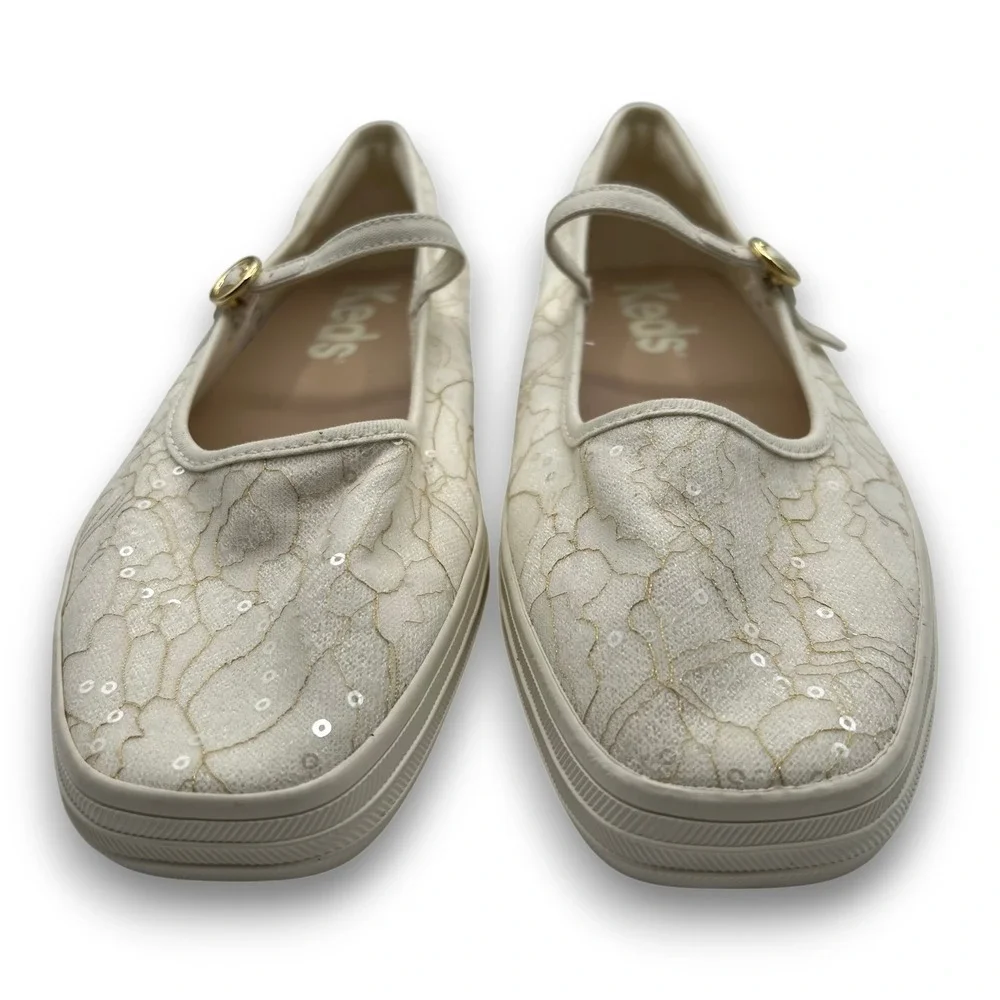 Keds Lace Sequin Mary Jane Flats Off White Ivory Gold Women Size 10M Balletcore